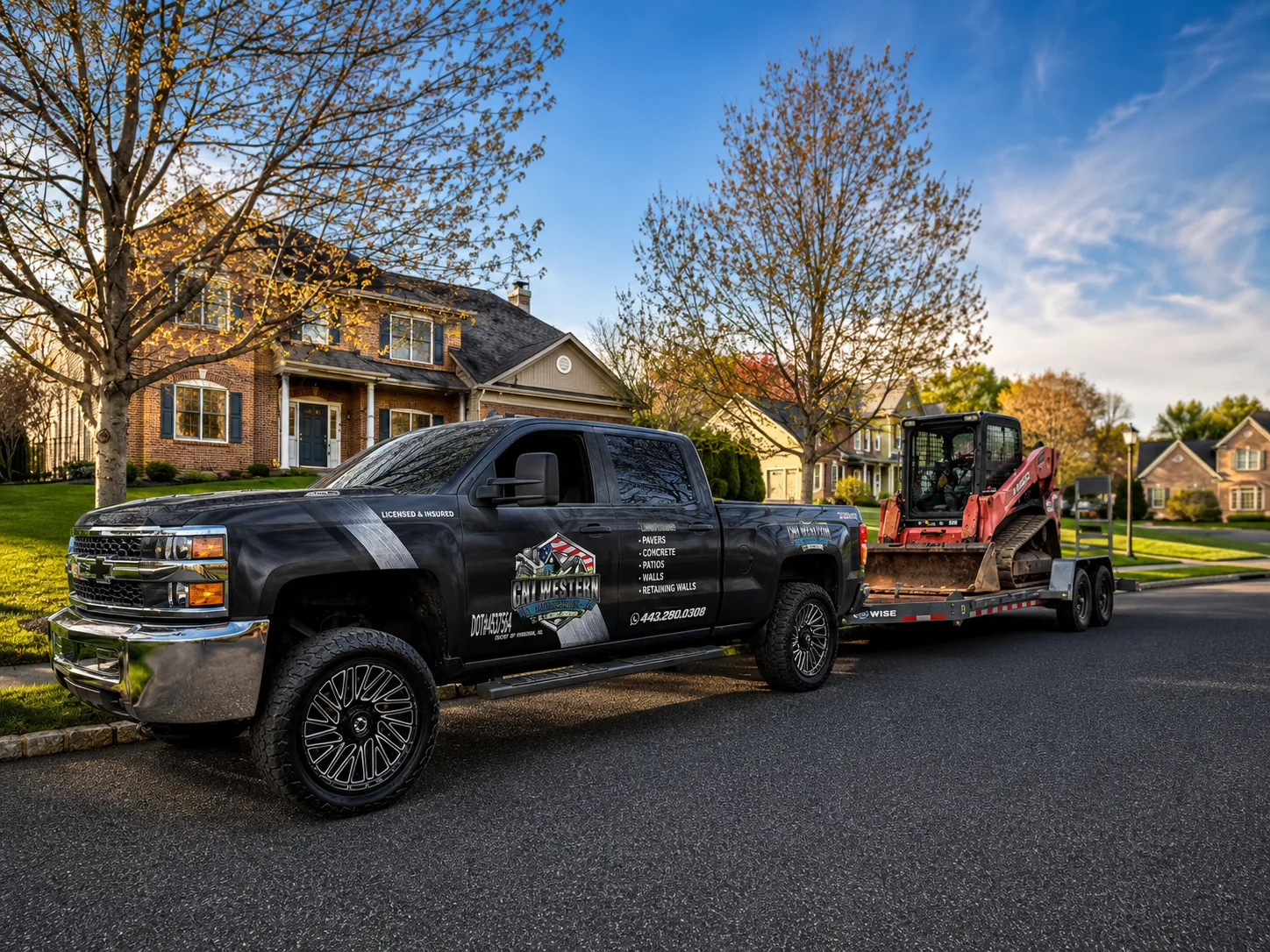 CNI Western Hardscaping truck and skid-steer loader at a King of Prussia, PA job site